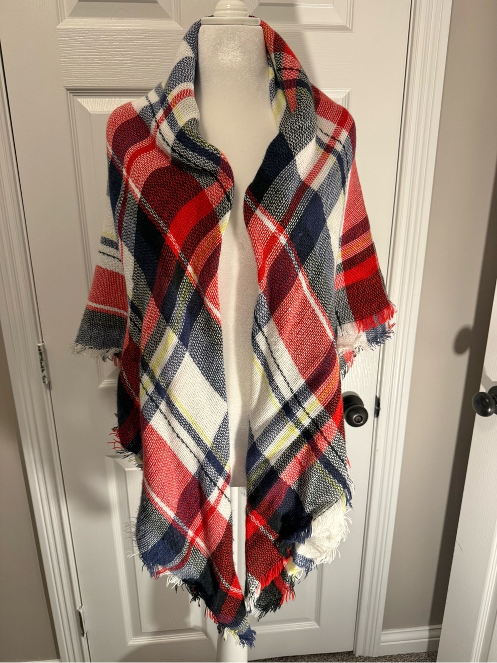 Plaid Fringed Blanket Shawl in Red, Navy & White - Unbranded